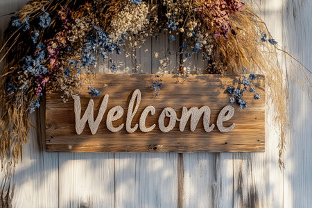 A beautifully crafted wooden welcome sign hangs on a rustic wall, surrounded by an elaborate arrangement of dried flowers in soft boho colors, creating a warm and inviting atmosphere.の素材