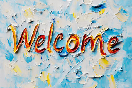 Bright and inviting welcome message painted on canvas, featuring thick strokes in warm hues. The background enhances the message with soft blues and yellows, creating an uplifting atmosphere.の素材