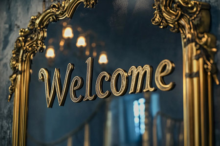 Reflections of warmth greet visitors with a beautifully designed mirror displaying the word welcome in golden script. The vintage charm is accentuated by dim, inviting lighting.の素材