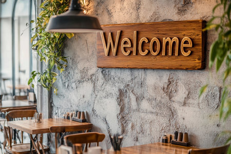 A beautifully crafted wooden sign reading Welcome adorns the rustic walls of a charming cafe, where wooden tables await patrons. Greenery adds warmth to the inviting ambiance.の素材