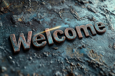 A vibrant welcome sign is meticulously crafted with a laser beam, highlighting textured metal surfaces. This artistic display creates a stunning visual effect that invites onlookers.の素材