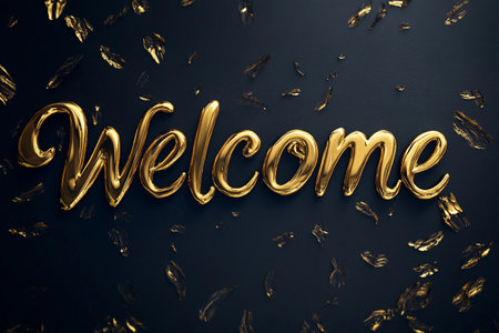 A glimmering gold welcome inscription stands out against a deep blue background. The letters are elegantly crafted, inviting warmth and hospitality for guests to feel at home.の素材