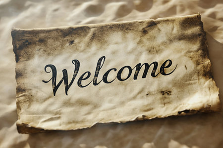 An elegant welcome inscription flows gracefully across aged paper, its deep ink contrasting beautifully with the rustic background. This piece invites warmth and hospitality into any setting.の素材
