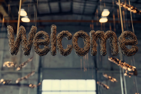 Intricate metal wire letters spell out welcome in a warm, inviting atmosphere. The hanging installation enhances the decor of the spacious venue, radiating charm and creativity.の素材