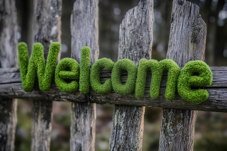 Intricate letters formed from lush green moss offer a warm welcome as they rest upon an aged wooden fence. This serene setting evokes a sense of tranquility in nature.の素材