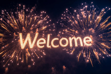 Illuminating the darkness, sparkling fireworks spell out a warm welcome in vibrant colors, creating a joyous atmosphere and inviting celebration under a starlit sky.の素材