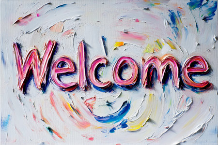 A vibrant welcome message is painted on canvas, featuring thick strokes in pink, yellow, and blue. The swirling background enhances its inviting charm, perfect for any cheerful setting.の素材
