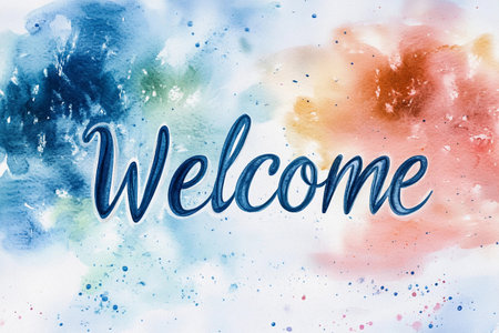 A captivating watercolor artwork features the word Welcome in an artistic font, surrounded by soft splashes of blue, green, and peach. This cheerful design radiates warmth and hospitality.の素材