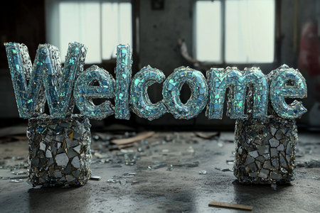 The intricate welcome sign, composed of shimmering pieces of glass, stands gracefully in a sparse urban environment. Sunlight filters through dusty windows, enhancing its brilliance.の素材