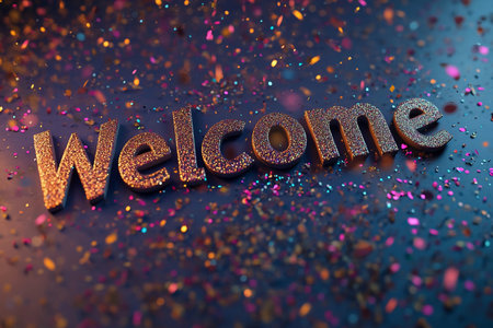 A dazzling welcome greeting crafted from shimmering glitter, surrounded by colorful confetti on a dark surface. This vibrant display sets a joyful tone for celebrations and gatherings.の素材