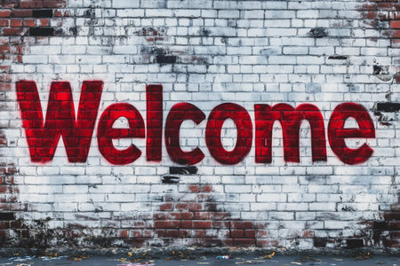 Vibrant graffiti fills an urban scene, with the word welcome boldly painted in vivid red on a weathered brick wall, inviting all who pass by to appreciate the artworkの素材