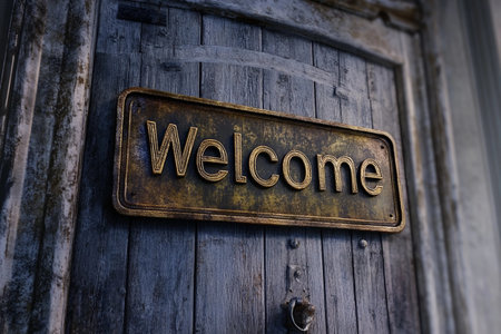 A beautifully aged welcome sign greets visitors with warmth, nestled on a rustic wooden door that tells stories of time. The intricate details evoke a sense of nostalgia and home.の素材