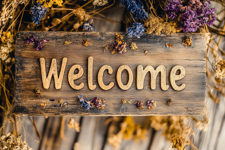 A beautifully crafted welcome sign greets guests with its boho style, enriched by dried flowers that add a touch of nature.の素材