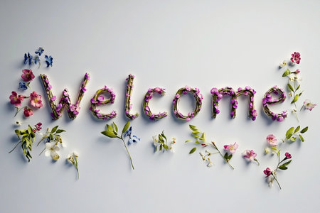A vibrant arrangement of spring flowers spells out the word Welcome, exuding warmth and charm. This floral display is perfect for inviting guests to any event or celebration.の素材