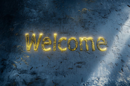 A captivating display of laser beam letters spells out Welcome on a rugged surface, radiating warmth and light. This artistic moment captures the fusion of technology and creativity.の素材