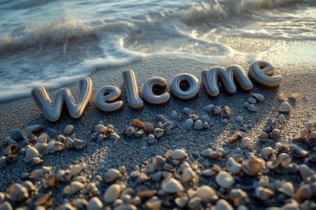 Colorful seashells spell out a cheerful welcome on the beach, glistening in the fading sunlight. Gentle waves lap the shore, inviting visitors to enjoy the serene coastal atmosphere.の素材