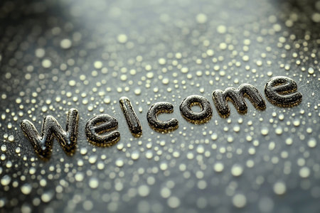 Transparent dew drops form the word welcome on a dark, smooth surface, glimmering softly in the gentle morning light. Natureの素材