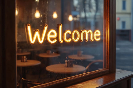 Welcoming glow radiates from LED lights, beckoning guests to a charming cafe. Tables set for guests reflect a warm, inviting ambiance during a tranquil evening.の素材