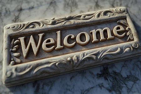 An intricately designed stone plaque displays the word 'Welcome' in elegant lettering. The carved details exude a sense of hospitality, perfect for a cozy entrance.の素材