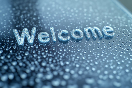 Delicate droplets of water form a warm welcome on a smooth surface, capturing the essence of a tranquil morning. The clear letters glisten, inviting passersby to pause and appreciate nature's touch.の素材
