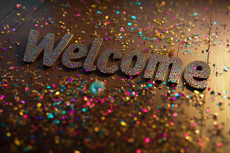 Glittering letters spell out welcome on a wooden surface, surrounded by colorful confetti. This cheerful display adds a festive touch, perfect for celebrations and gatherings.の素材