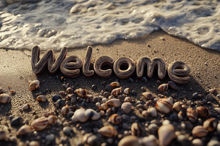 A delightful arrangement of seashells forms the word welcome, nestled on golden sand. Waves gently lap the shore, as the sun sets, casting warm hues across the beach landscape.の素材