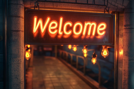 Inviting retro light sign glows warmly at the entrance, casting a soft glow on cobblestone paths. Surrounding bulbs enhance the inviting ambiance, promising a friendly atmosphere for visitors.の素材