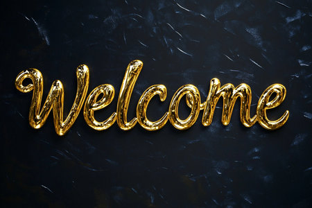 Golden letters spell out a heartfelt welcome on a textured dark background, creating a warm atmosphere perfect for gatherings or celebrations. This inviting message radiates positivity and joy.の素材