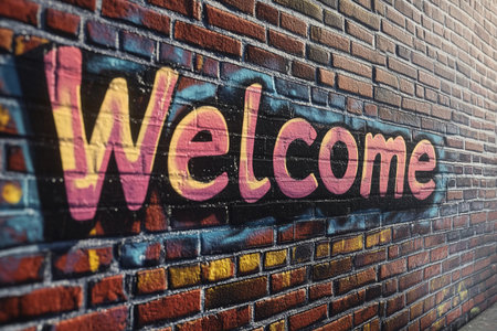Vivid graffiti art spells out the word 'Welcome' against a rustic brick background, creating an inviting atmosphere. The bright colors pop, adding warmth to the urban landscape.の素材