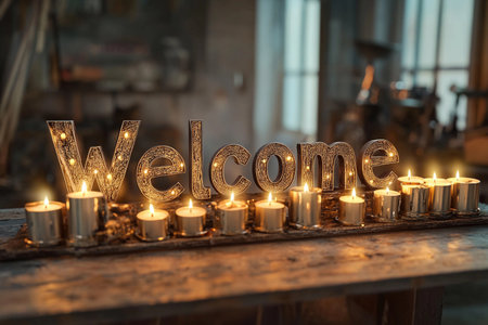 Candles flicker softly around a sparkling welcome sign, creating an inviting ambiance. The warmth of the light enhances the friendly atmosphere for guests to feel at home during the gathering.の素材