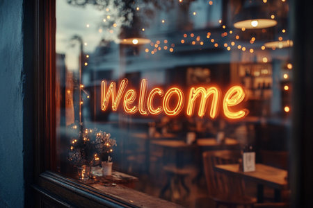 As the day fades into evening, vibrant LED lights spell out a warm welcome in a cafe, creating an inviting atmosphere filled with soft glows and charming decor, encouraging patrons to enter.の素材