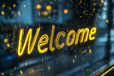 Illuminated by vibrant neon lights, a cheerful welcome inscription shines brightly against a blurred city backdrop. The atmosphere is inviting, filled with the energy of evening activity.の素材