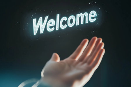 A gentle hand reaches out, enhanced by a glowing 'Welcome' that hovers above. This inviting gesture creates an atmosphere of warmth and hospitality, perfect for greeting visitors warmly.の素材