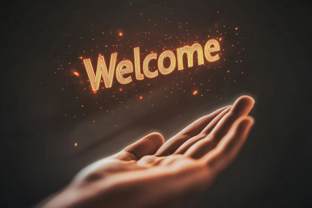A gentle hand extends toward a glowing welcome sign, suspended in the air. The warm light enhances the inviting essence, creating an atmosphere of hospitality and openness, perfect for gatherings.の素材