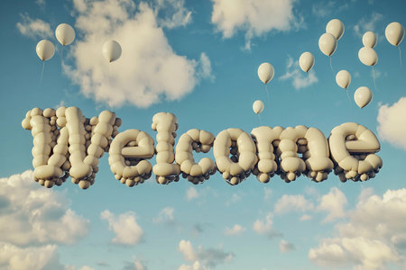Bright lettering crafted from balloons hovers gracefully in a vibrant sky, promoting a joyful atmosphere. Surrounding clouds enhance the cheerful display, perfect for celebrations and events.の素材