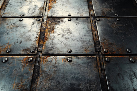 Rust and shine intertwine on a series of metallic plates, revealing layers of history. The uneven surfaces reflect light, showcasing a blend of artistry and age in a striking arrangement.の素材