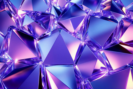 In a stunning arrangement, diamond-shaped panels glisten under vibrant purple and blue lights, reflecting colors and creating a captivating visual effect that enchants the viewer's senses.の素材