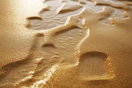 Golden grains shimmer under the sunlight as footprints emerge in the wet sand. Waves lap gently at the shore, erasing some traces of a recent beach stroll, leaving behind a serene moment.の素材