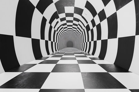 A captivating tunnel stretches forward, adorned with alternating black and white checkered patterns.の素材