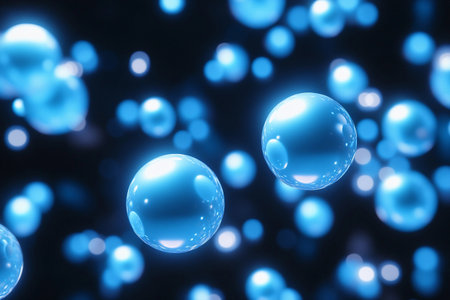Bright blue spheres dance against a dark background, captivating the viewer with their luminous glow. This vibrant arrangement evokes a sense of wonder and tranquility, inviting exploration.の素材