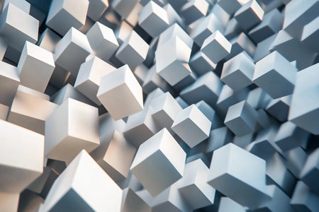 A dynamic arrangement of volumetric cubes fills the space, casting soft shadows and reflecting light. This artistic display creates a sense of depth and movement, inviting exploration.の素材