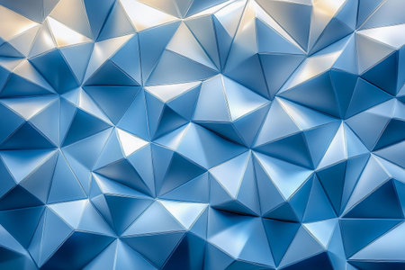 Delicate diamond-shaped panels in various shades of blue create a mesmerizing texture, reflecting light subtly. This architectural design adds a contemporary flair to the interior space.の素材