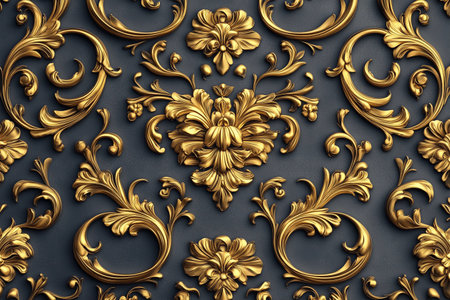 A stunning display of classical baroque patterns adorns the surface, featuring golden flourishes and elegant motifs. The rich textures and ornate details create a captivating visual experience.の素材