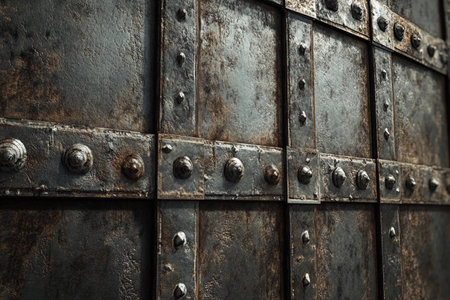 Rusty steel panels exhibit a captivating blend of industrial charm and artistic details. The weathered surfaces, adorned with rivets, highlight the passage of time and the beauty in imperfections.の素材