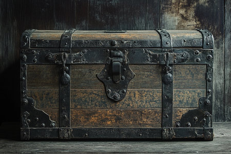A stunning chest crafted from aged wood features beautifully forged metal elements, capturing the essence of retro design. Placed against a dark wooden backdrop, it exudes charm and history.の素材