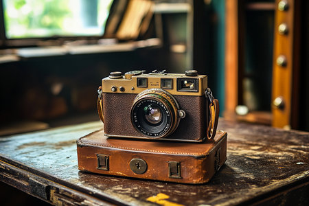 A classic vintage camera, encased in worn brown leather, sits elegantly on a weathered wooden table. Soft light filters through a nearby window, highlighting its timeless charm.の素材