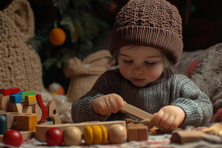 On a chilly afternoon, a child sits on a soft rug, wearing a snug brown hat. Engrossed in play, they skillfully manipulate colorful wooden blocks, immersed in a world of imagination and creativity.の素材