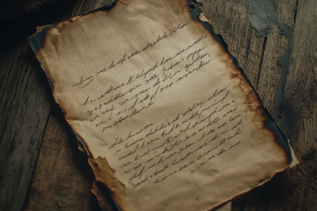 A tattered letter with dark brown edges rests on a rustic wooden surface, revealing faded ink and secrets of a bygone era. Discover its tale of love and mystery hidden in an attic.の素材
