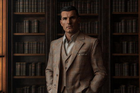 Dressed in a stylish retro suit, a gentleman stands poised among towering bookshelves, exuding charm and sophistication. The warm lighting enhances the classic ambiance of the library.の素材
