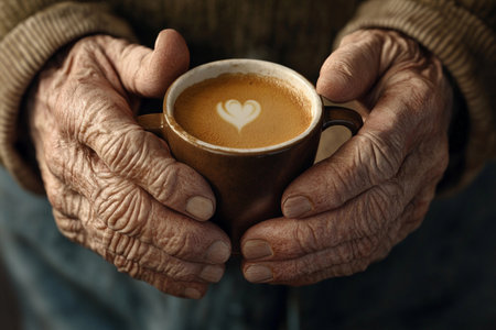 An elderly man cradles a warm cup of coffee, his weathered hands contrasting the creamy beverage with a heart design. The cozy atmosphere suggests a moment of reflection and warmth.の素材